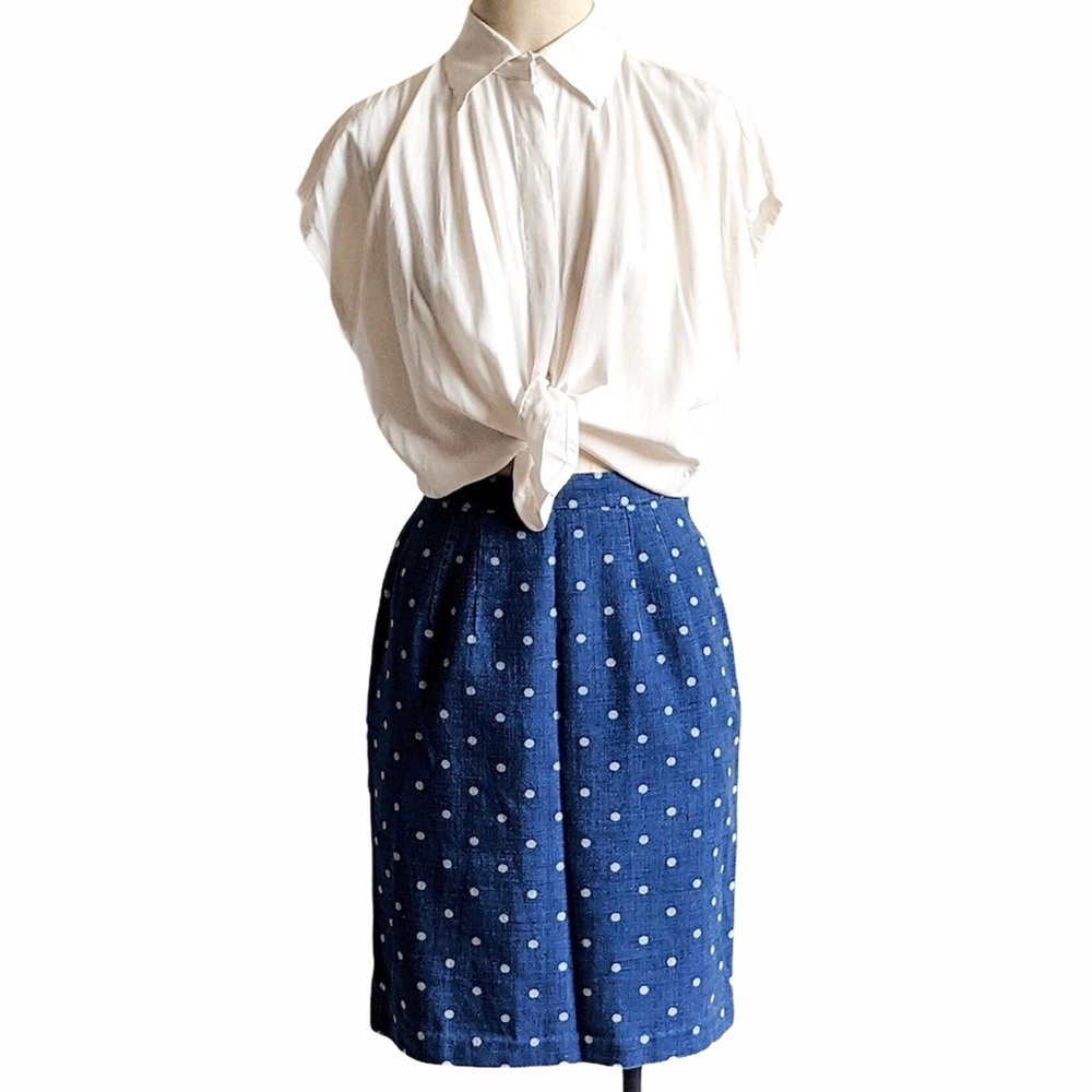 Vintage 80s/90s Linen Polka Dot Skirt Blue Pencil Skirt